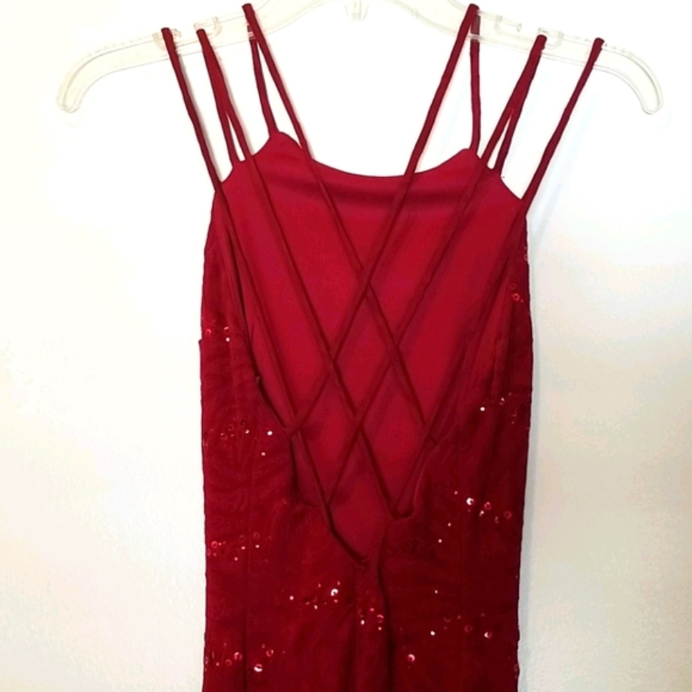 Red Sequin Lace Double Spaghetti Strap Full Length Prom Evening Formal Gown